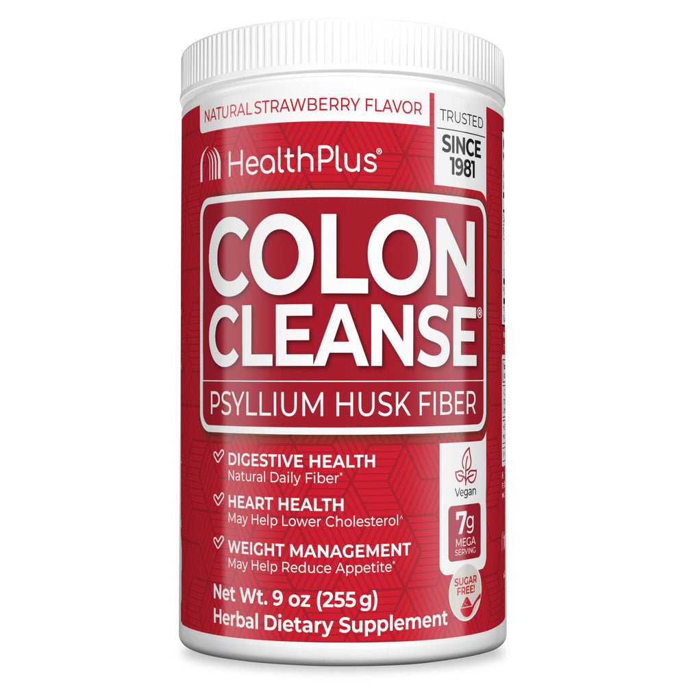 Health Plus Colon Cleanse tub with label highlights product details for informed regularity.