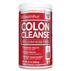 Health Plus Colon Cleanse tub with label highlights product details for informed regularity.