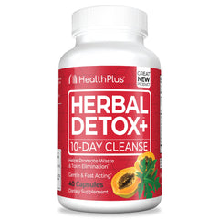 Health Plus Herbal Detox+ bottle front view for a gentle cleanse.