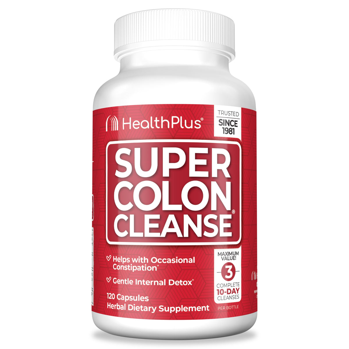 Health Plus Super Colon Cleanse bottle label, gentle detox for occasional relief