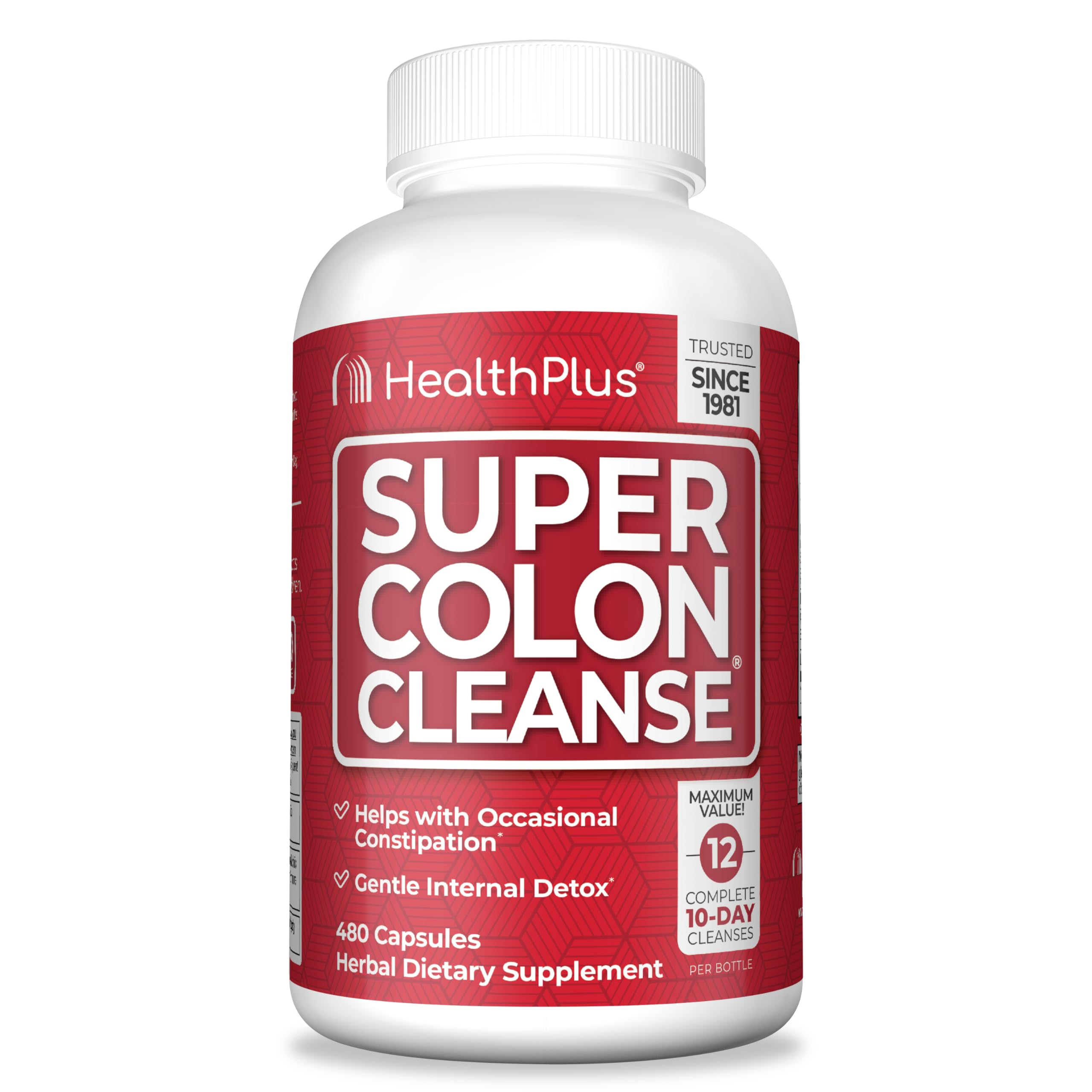 Health Plus Super Colon Cleanse bottle showing 480 capsules for daily digestive support