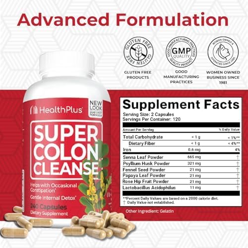 Health Plus Super Colon Cleanse capsules close-up highlighting daily use.