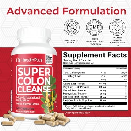Health Plus Super Colon Cleanse capsules close-up, easy daily support for digestive comfort