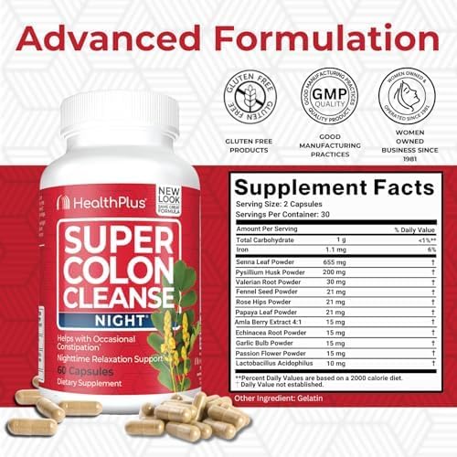 Health Plus Super Colon Cleanse Night Formula capsules closeup for convenient evening use.