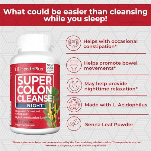 Health Plus Super Colon Cleanse Night Formula capsule against white background suggests gentle daily support.