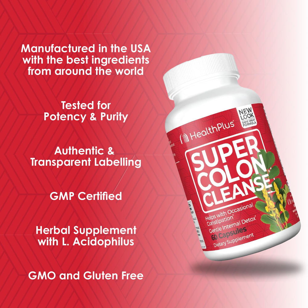 Health Plus Super Colon Cleanse Night Formula box with capsules shows a 30-day supply.