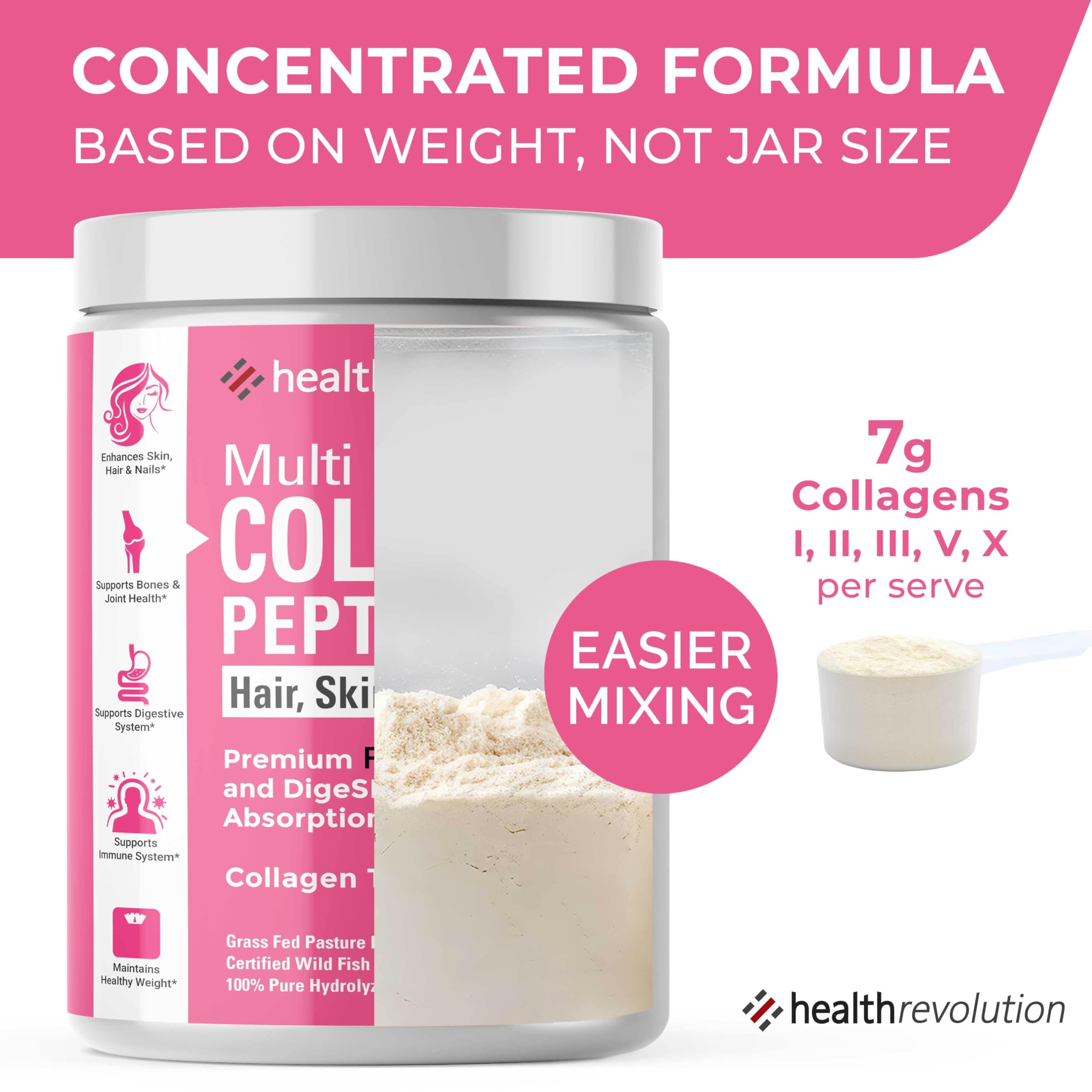 Health Revolution collagen powder texture closeup highlighting smooth blend.