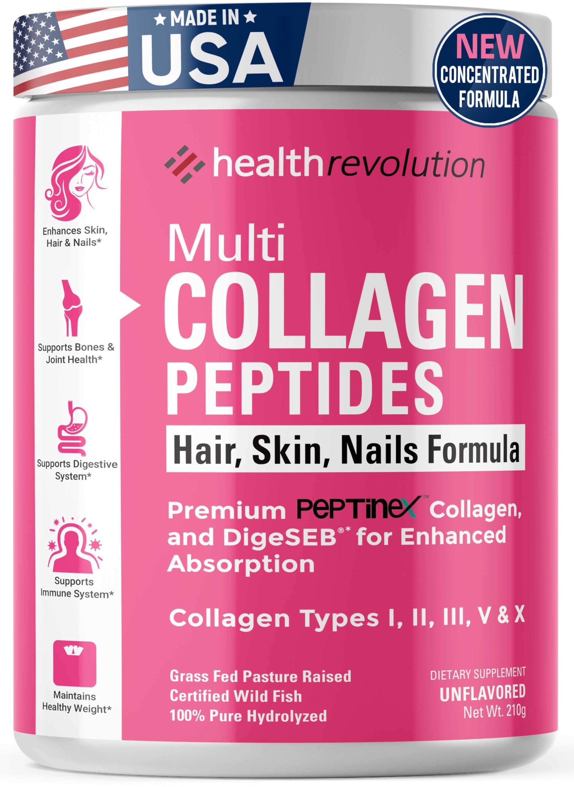 Health Revolution Multi Collagen Powder bottle front view for daily beauty support.