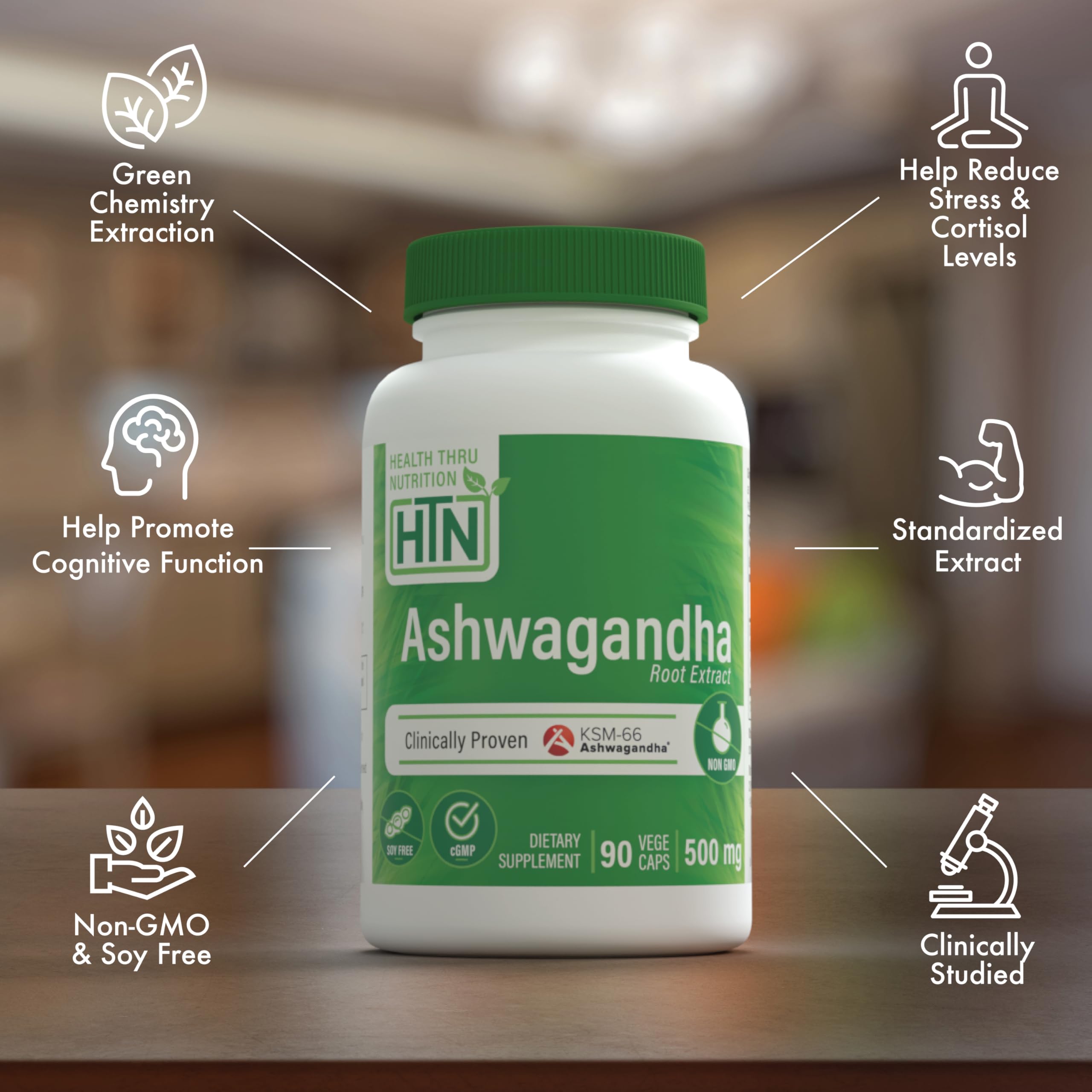 Health Thru Nutrition Ashwagandha daily use routine in bottle and capsules.