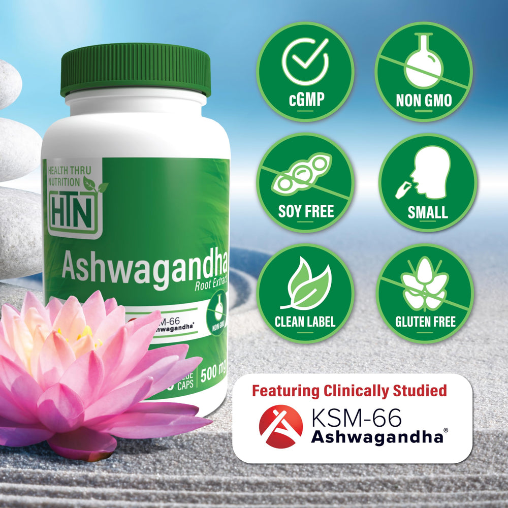 Health Thru Nutrition Ashwagandha label packaging highlights organic root-only extract.