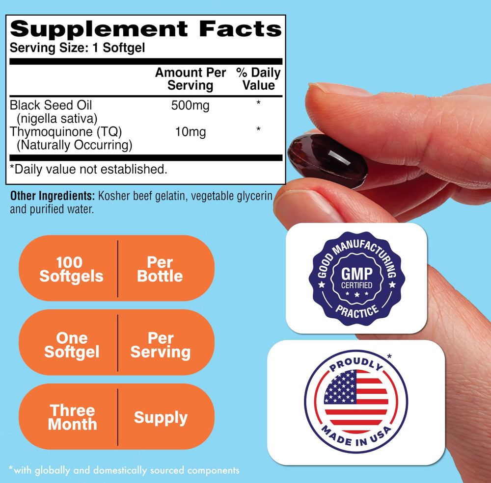 Health Thru Nutrition Black Seed Oil softgels closeup highlighting potency and capsule design