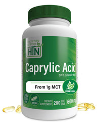 Health Thru Nutrition Caprylic Acid 600mg bottle — convenient digestive support.