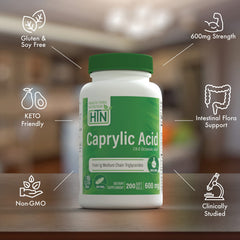 Health Thru Nutrition Caprylic Acid 600mg ingredients — pure MCT oil formula.