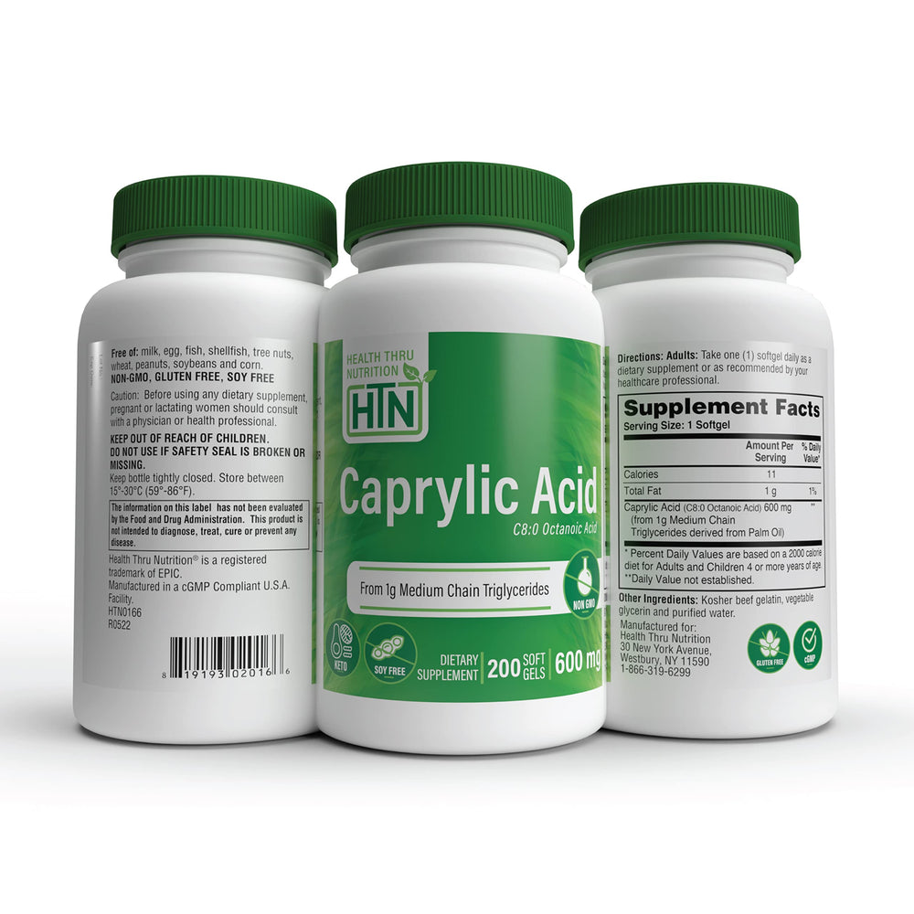 Health Thru Nutrition Caprylic Acid 600mg lifestyle use — keto-friendly routine.