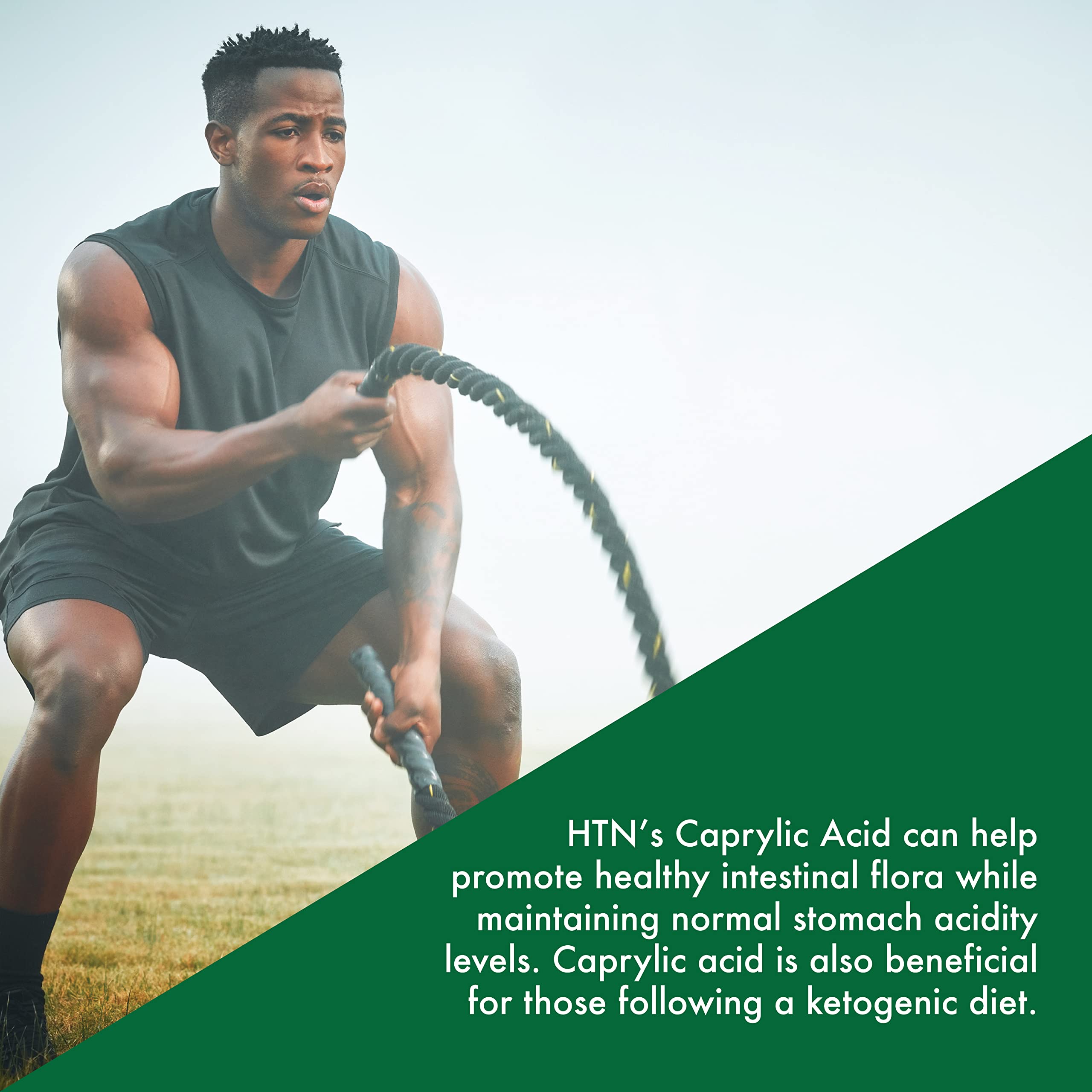 Health Thru Nutrition Caprylic Acid 600mg label — non-GMO and soy-free choice.