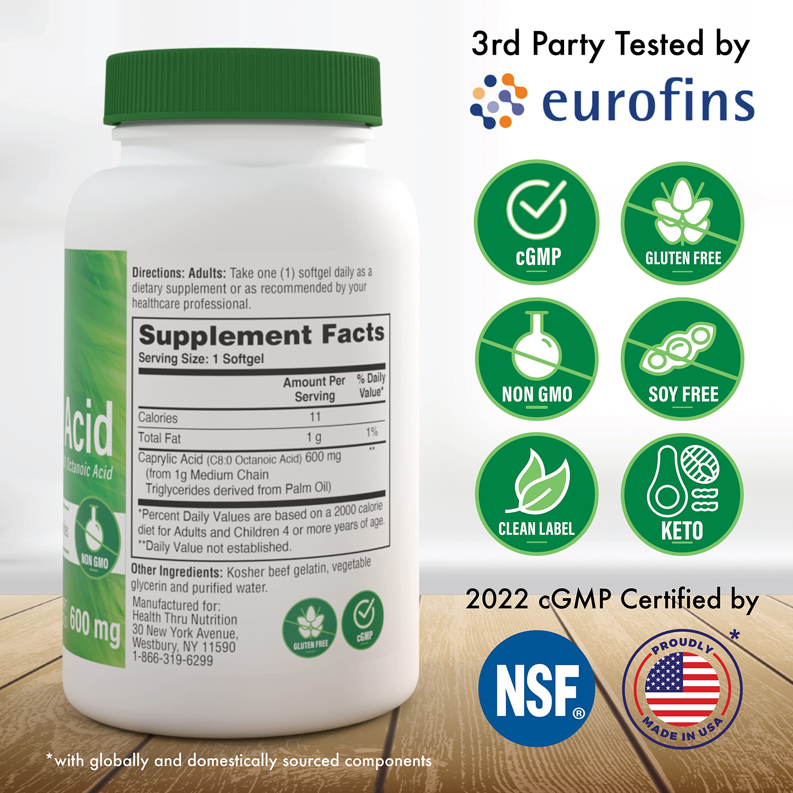 Health Thru Nutrition Caprylic Acid 600mg softgels close-up — quick energy for keto days.