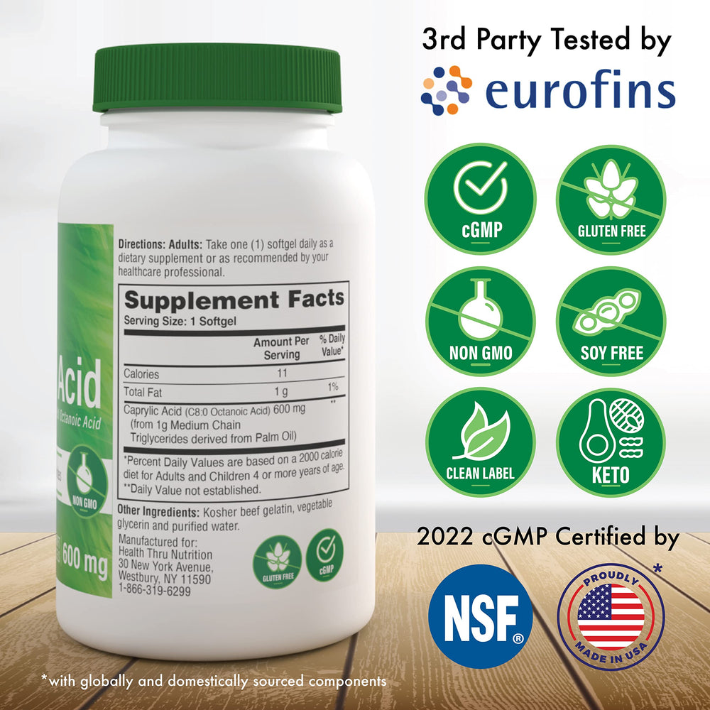 Health Thru Nutrition Caprylic Acid 600mg softgels close-up — quick energy for keto days.