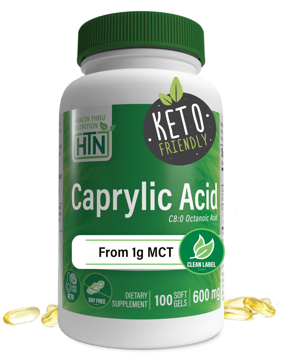 Health Thru Nutrition Caprylic Acid softgel bottle for digestion and energy.