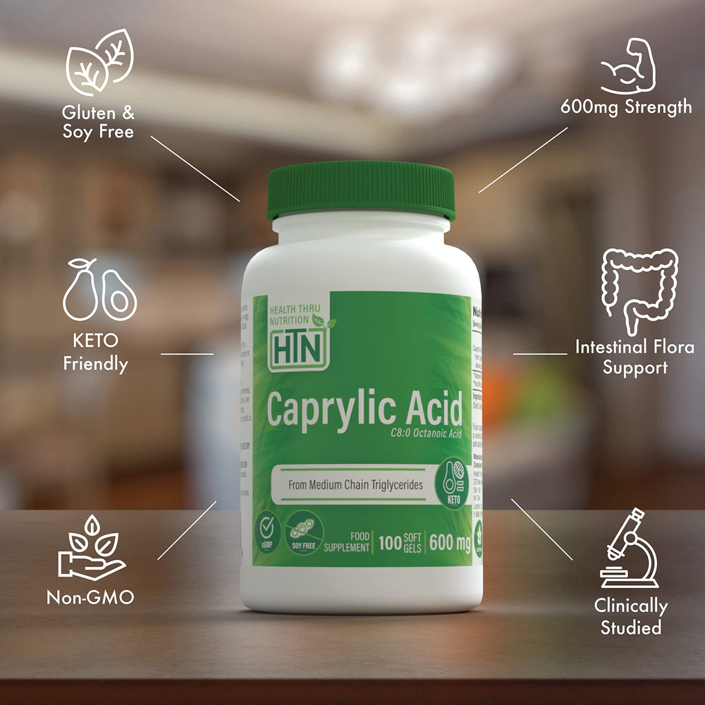 Caprylic acid C8 octanoic acid in MCT oil capsule.