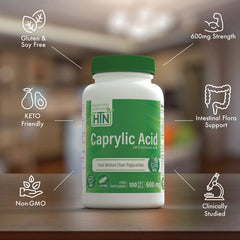Caprylic acid C8 octanoic acid in MCT oil capsule.