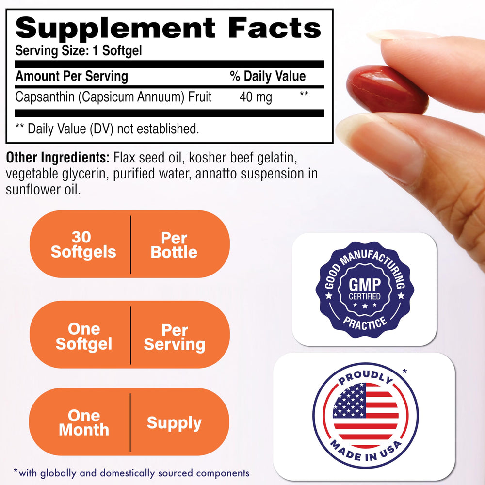 Capsanthin 40mg softgels closeup label shows premium quality and high purity ingredients