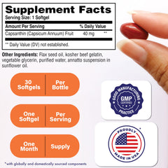 Capsanthin 40mg softgels closeup label shows premium quality and high purity ingredients