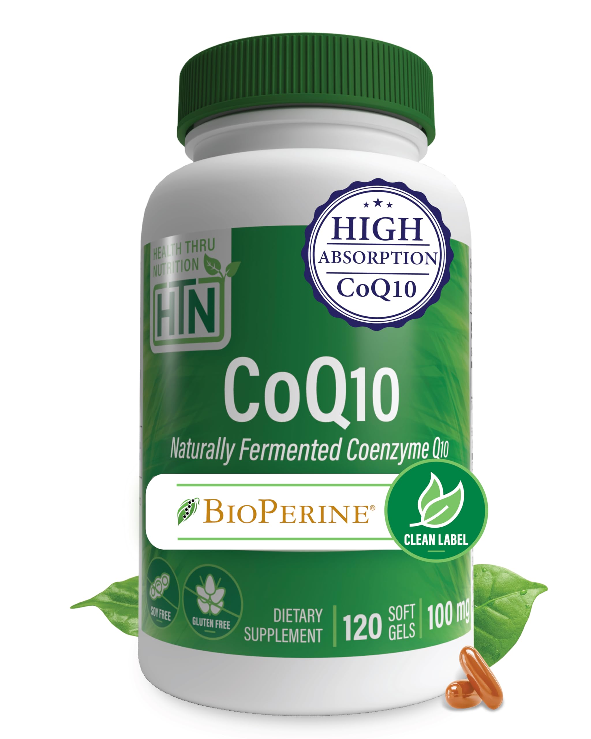 Health Thru Nutrition CoQ-10 bottle front view emphasizing daily heart and energy support
