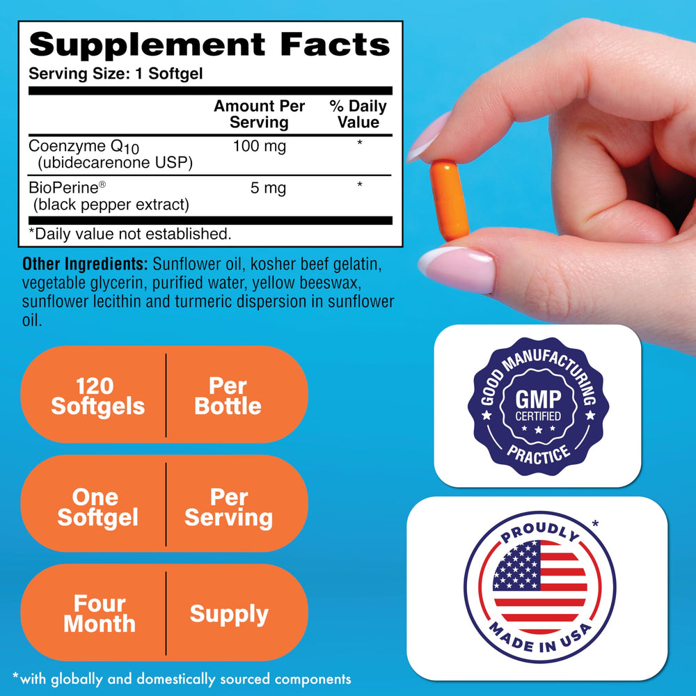 CoQ-10 softgels with BioPerine shown for enhanced absorption during daily use