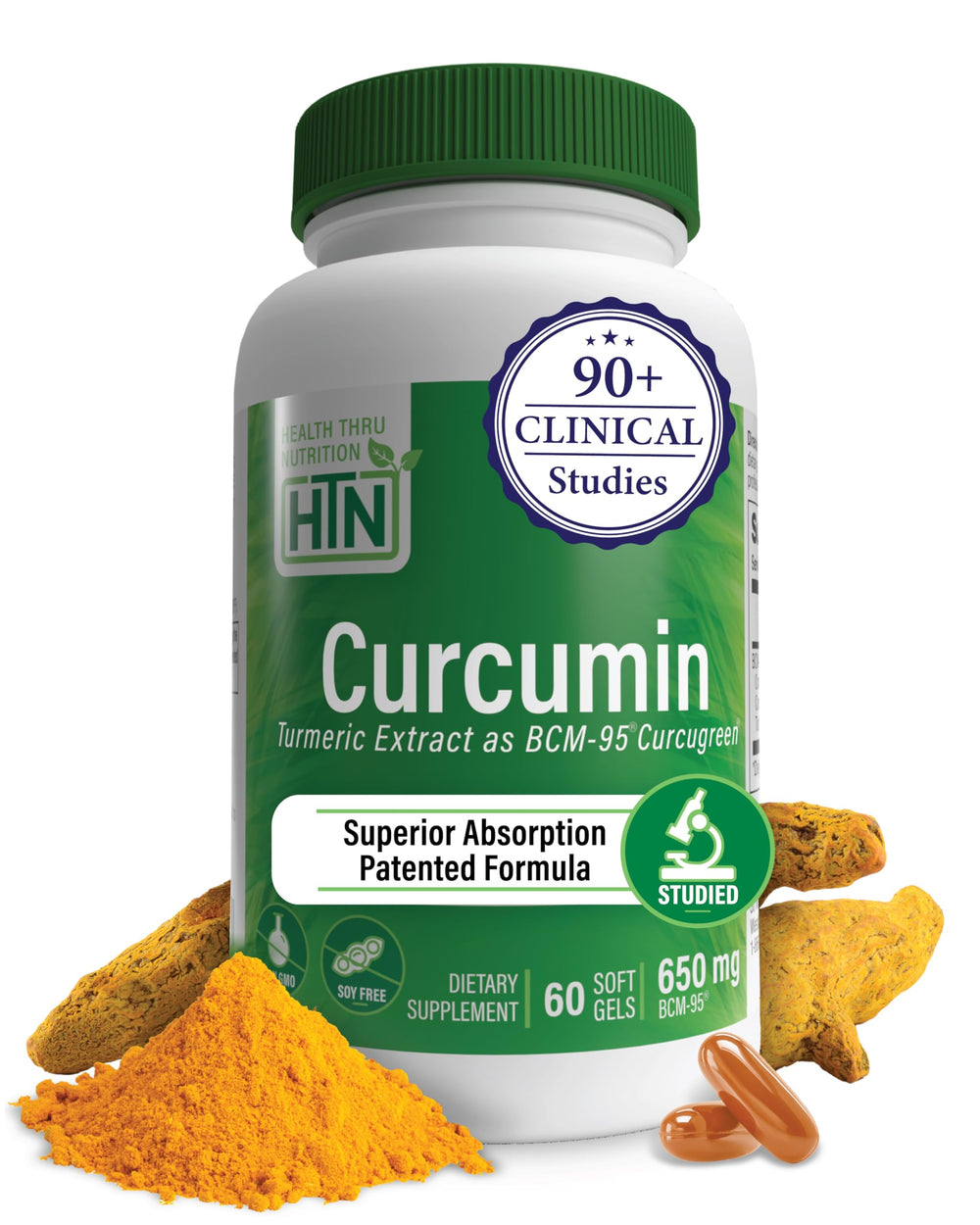 Health Thru Nutrition Curcumin 650mg bottle shows BCM-95 absorption potential for daily wellness.