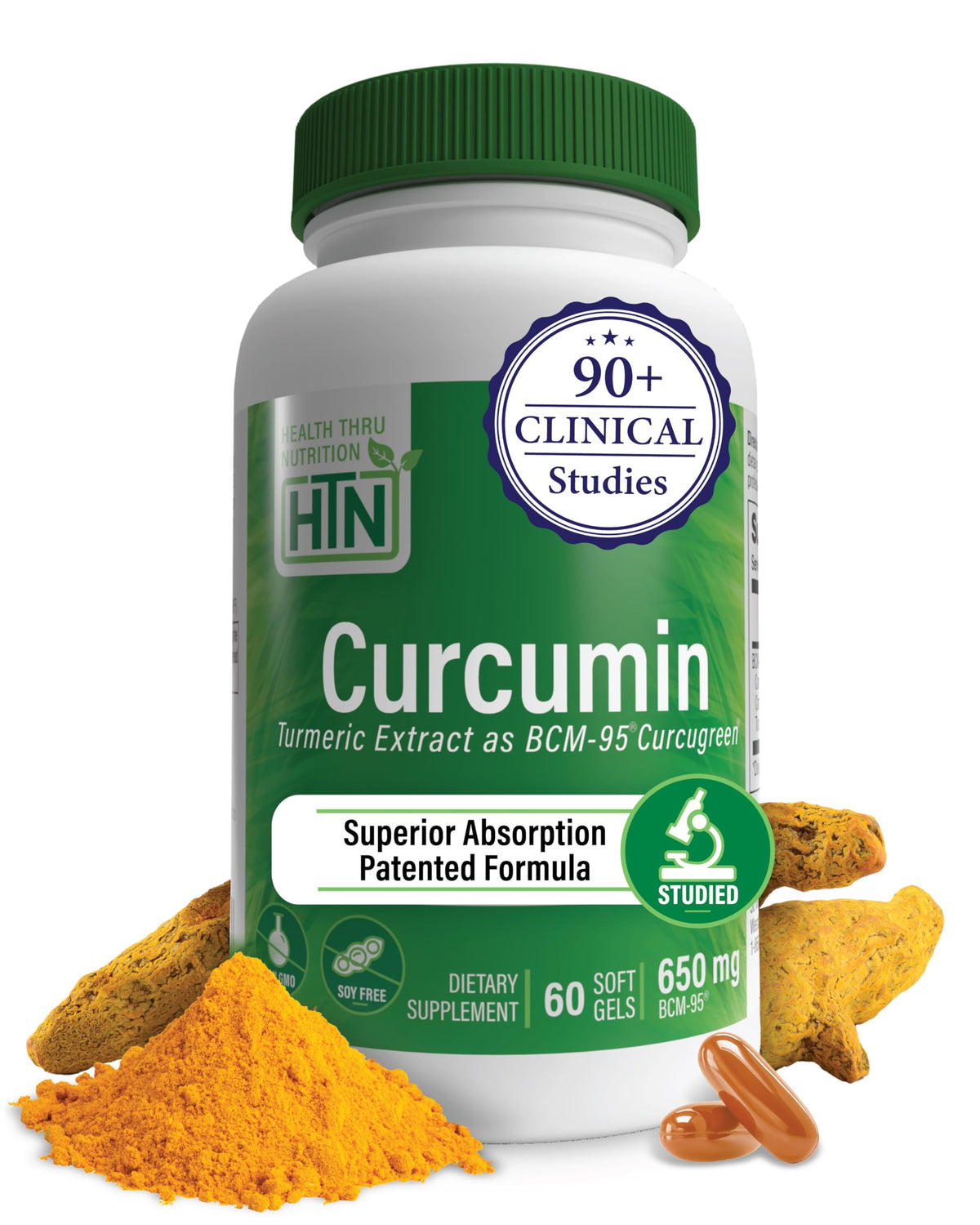 Health Thru Nutrition Curcumin 650mg bottle shows BCM-95 absorption potential for daily wellness.