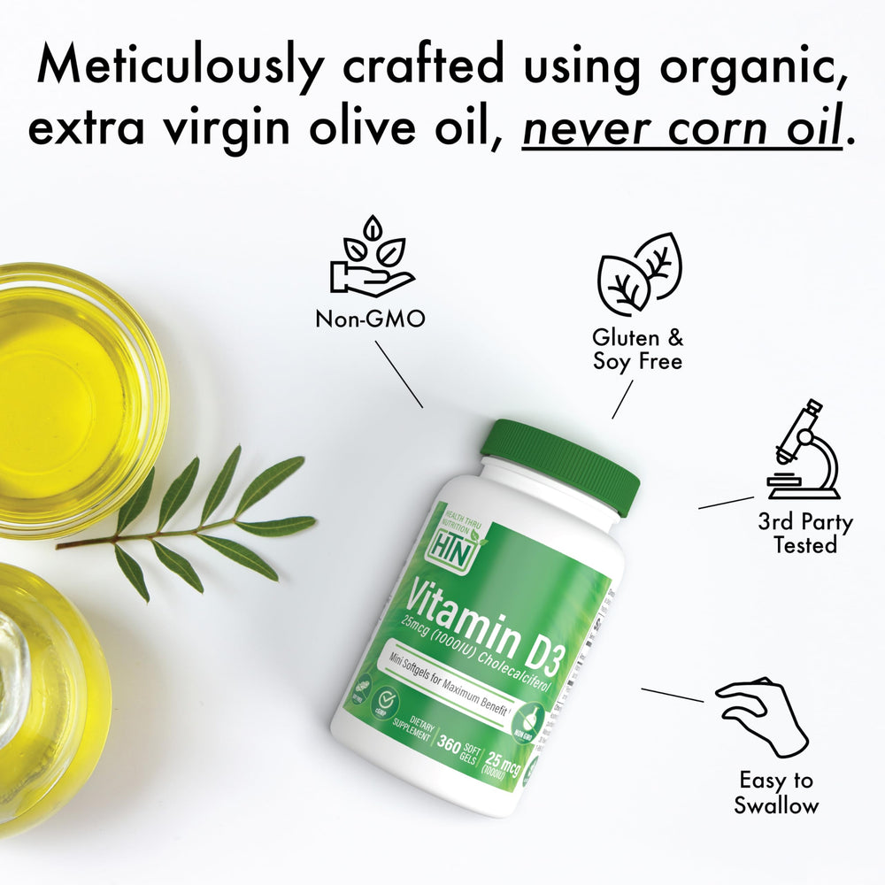 Health Thru Nutrition Vitamin D3 with organic EVOO carrier highlighting natural blend