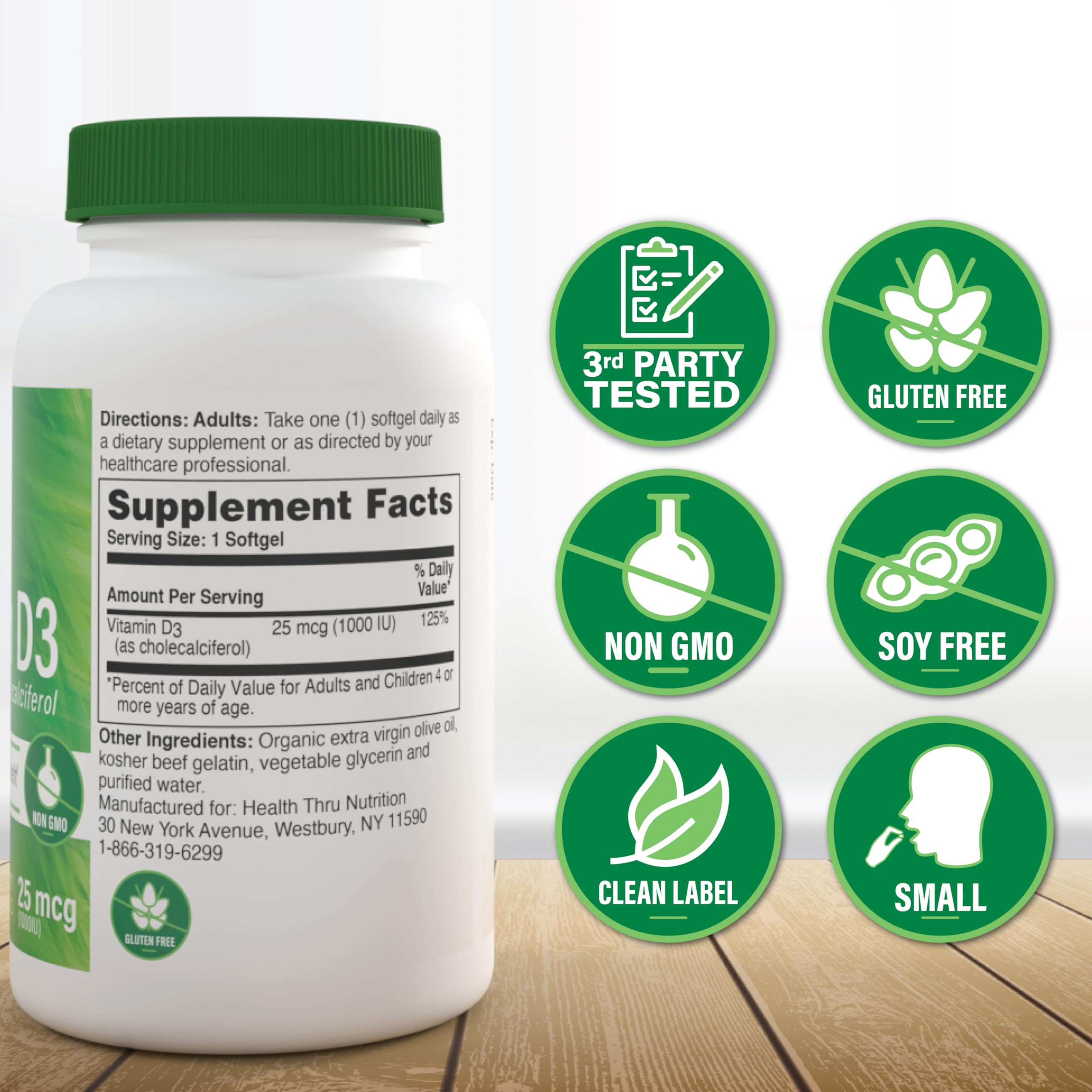 Health Thru Nutrition Vitamin D3 softgel close-up of small, easy-to-swallow capsules