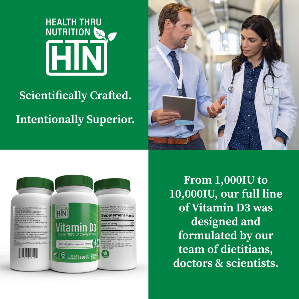 Health Thru Nutrition Vitamin D3 third-party tested seal on bottle indicating quality