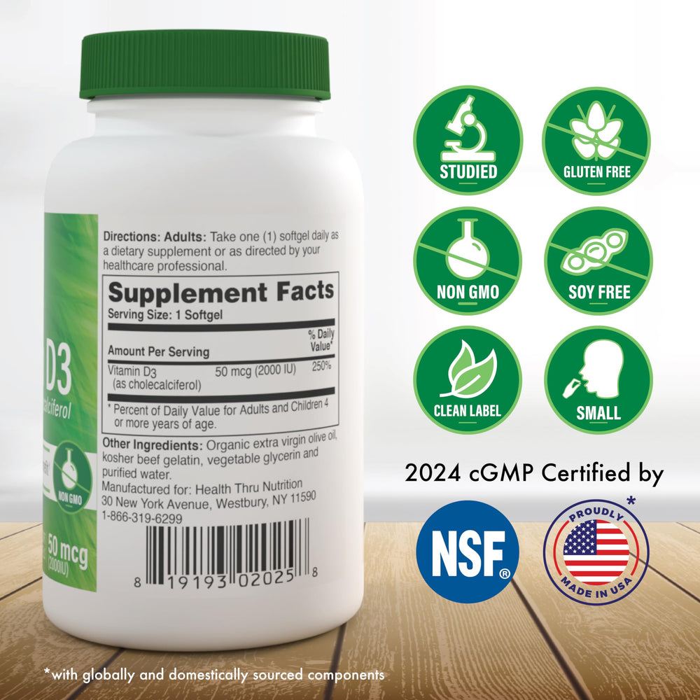 Health Thru Nutrition D3 bottle on wooden surface