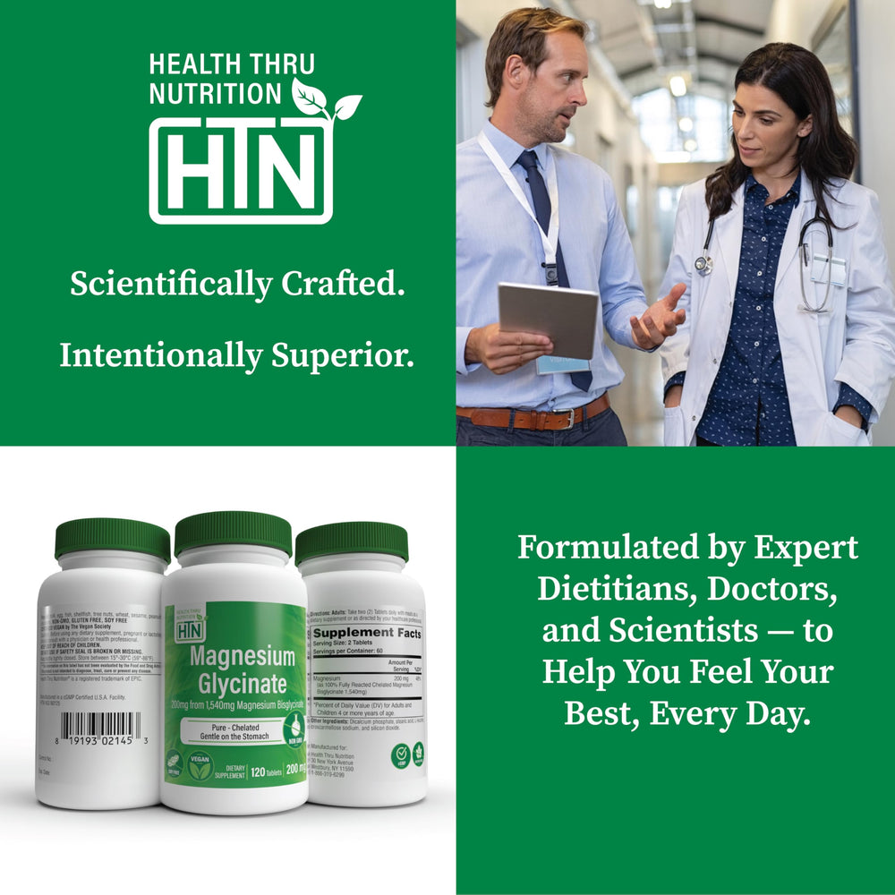 Health Thru Nutrition Magnesio glicinato 200 mg, alta absorción, soporte muscular y nervioso.