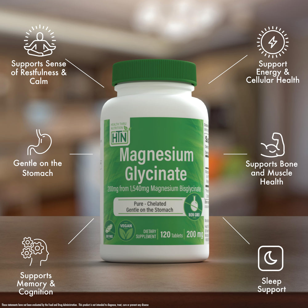 Health Thru Nutrition Magnesio glicinato 200 mg, uso nocturno, ayuda a la relajación.