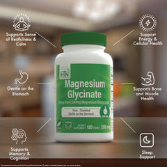 Health Thru Nutrition Magnesio glicinato 200 mg, uso nocturno, ayuda a la relajación.