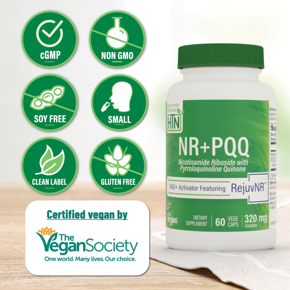 Health Thru Nutrition NAD+ Activator label closeup highlights premium formula for NAD+ support.