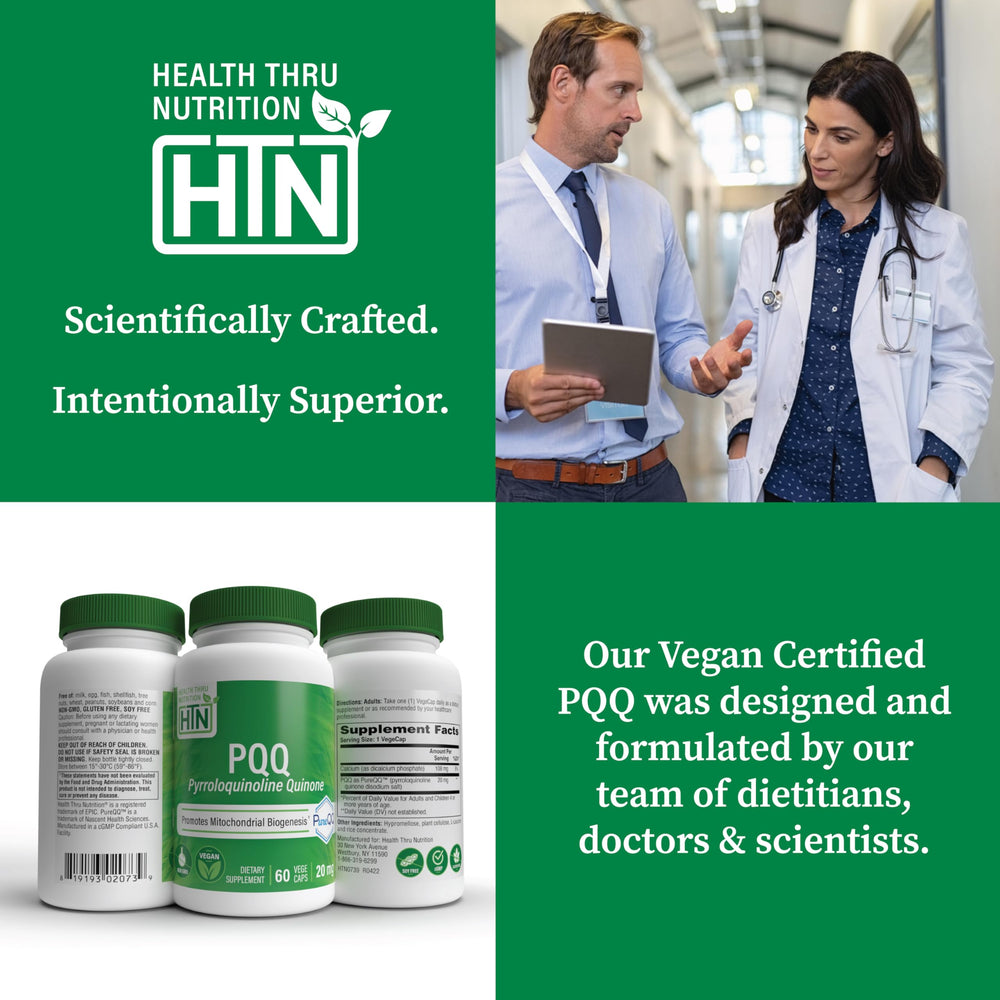 Health Thru Nutrition PQQ 20mg bottle in hand showing easy on-the-go use.