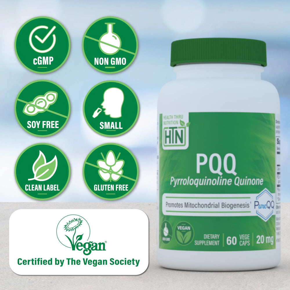 Health Thru Nutrition PQQ 20mg ingredients label shows vegan, non-GMO formulation.