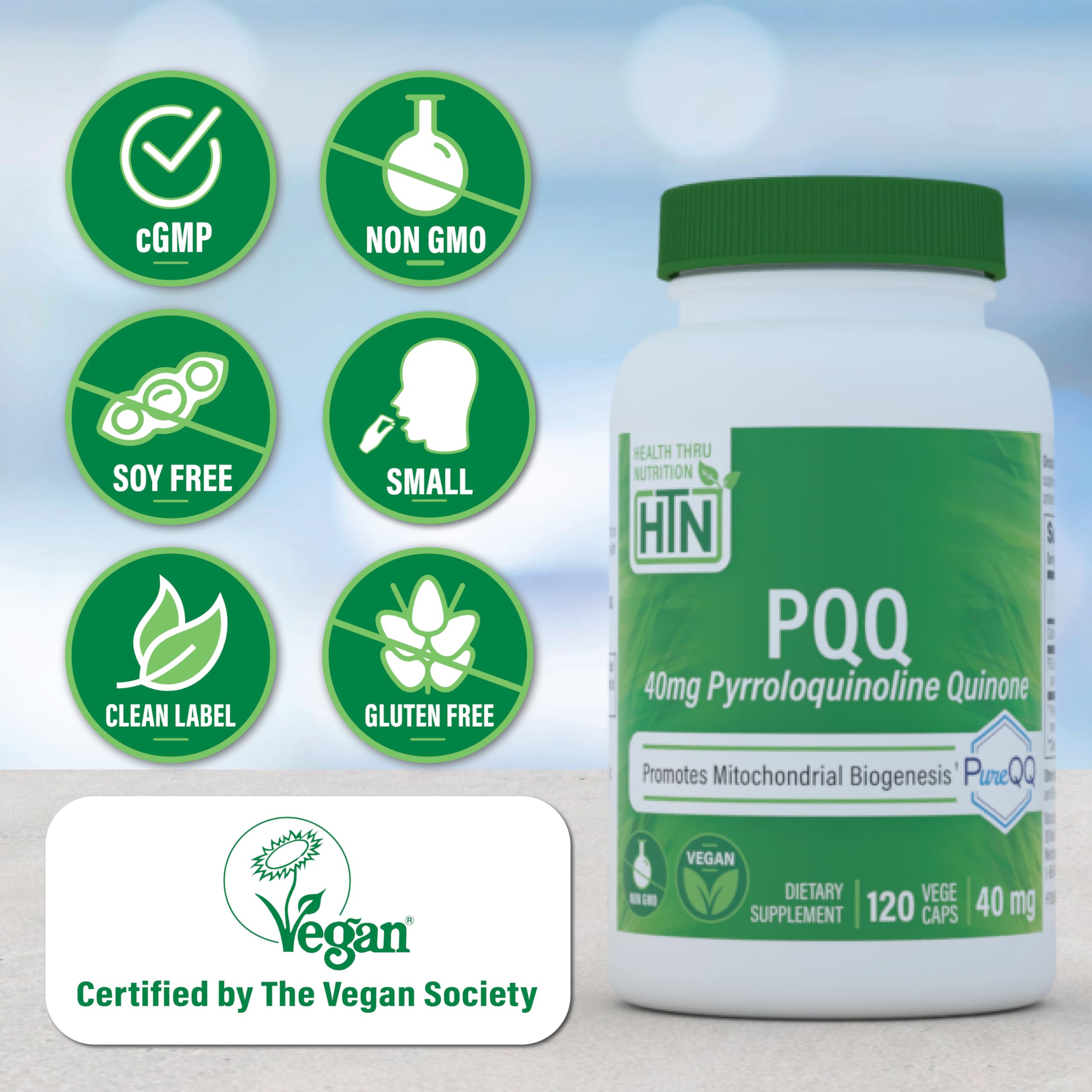 Health Thru Nutrition PQQ 40mg bottle back showing ingredients and safety notes