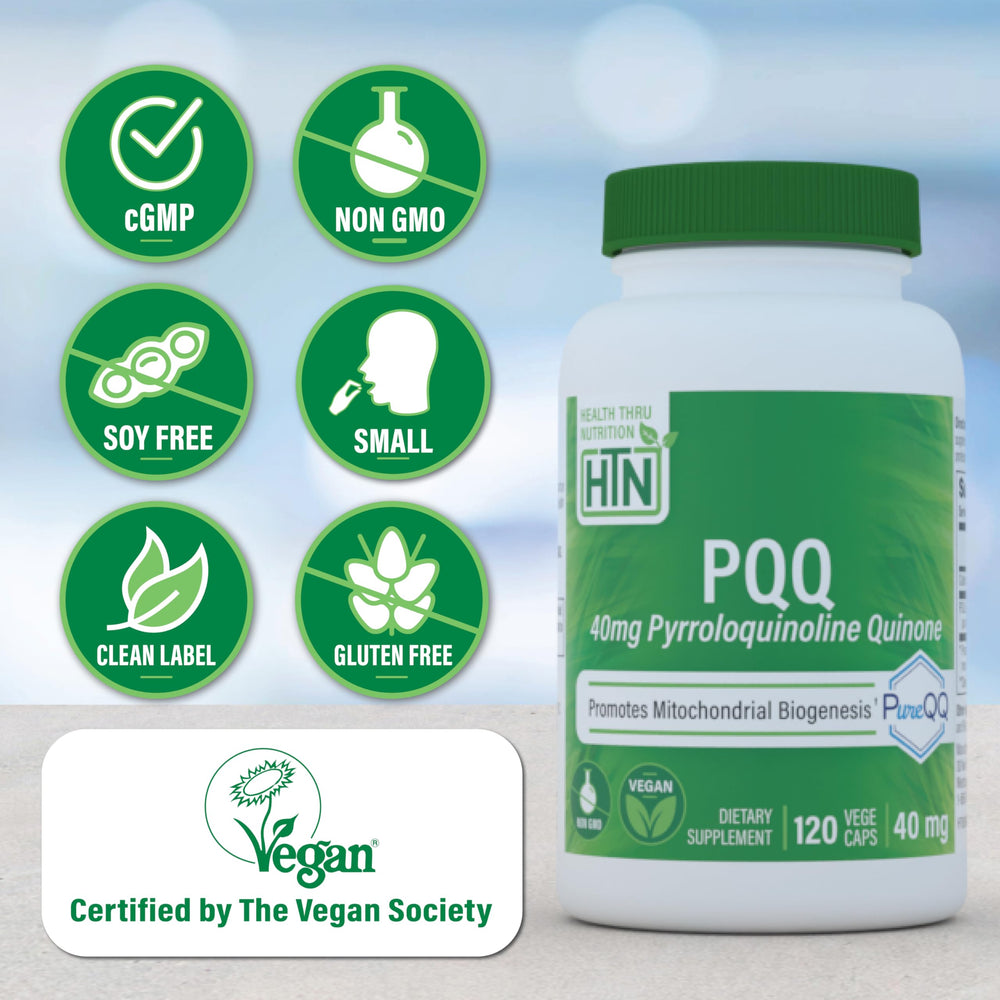 Health Thru Nutrition PQQ 40mg bottle back showing ingredients and safety notes