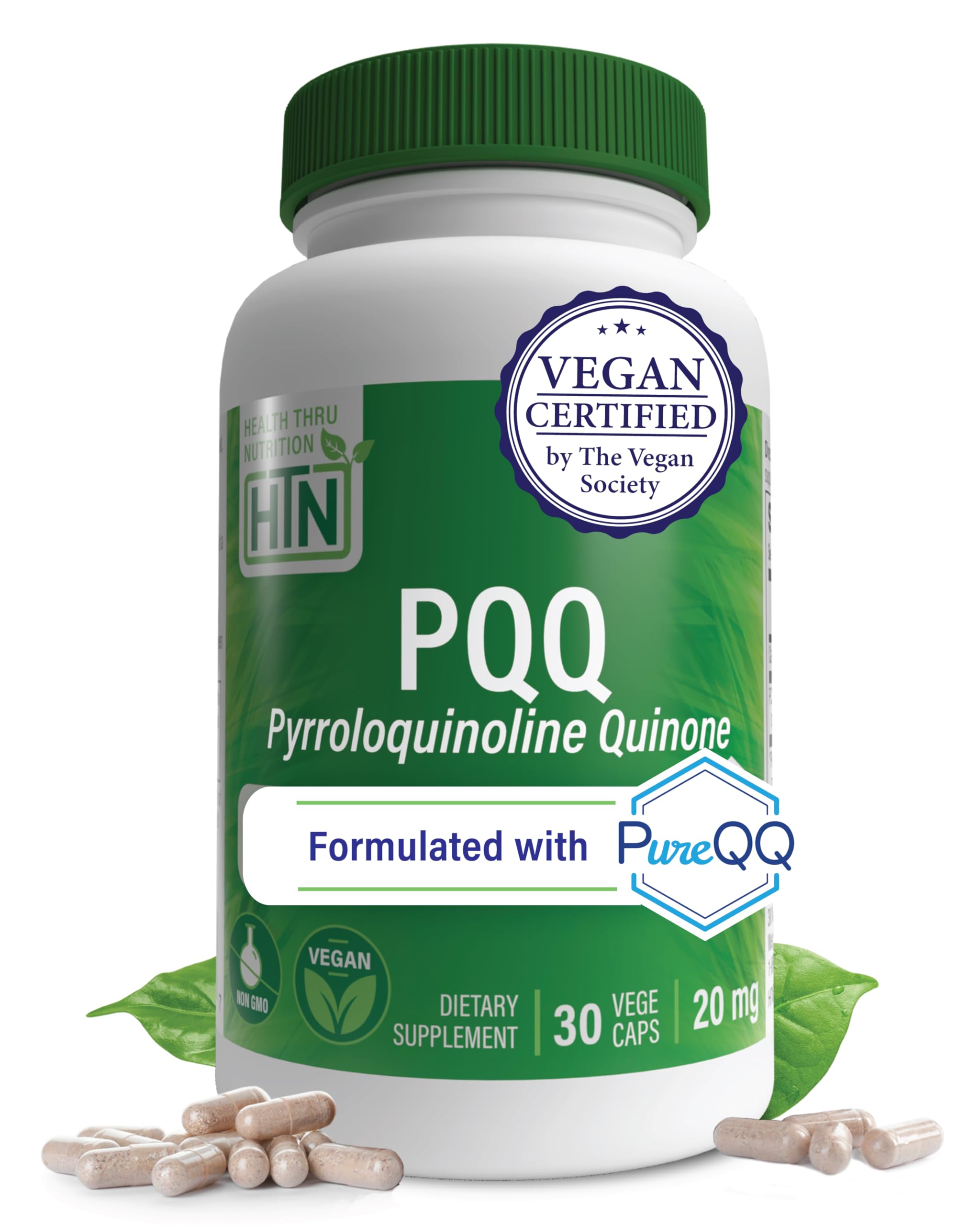 Health Thru Nutrition PQQ bottle label with 20 mg capsules for energy support.