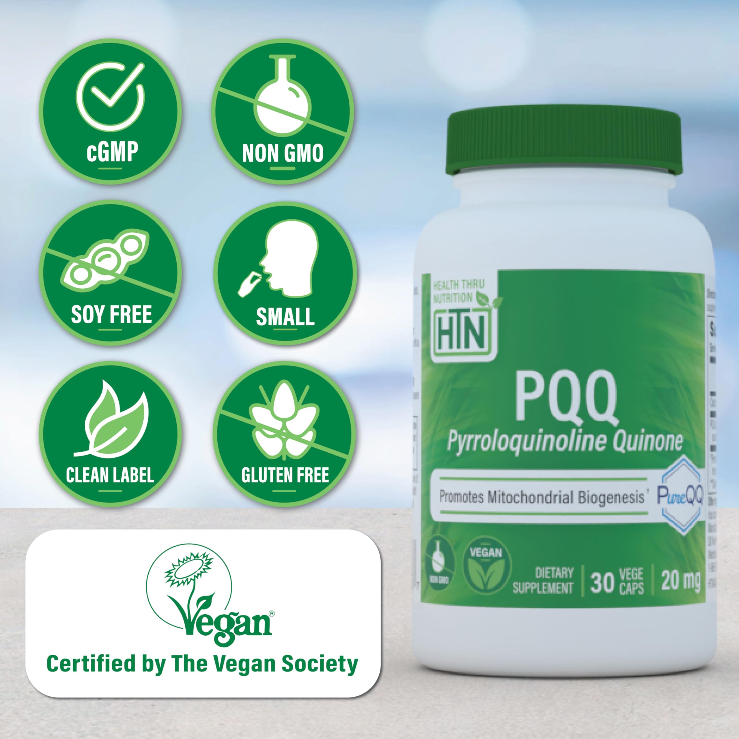 PQQ capsules in a Health Thru Nutrition bottle for daily use.