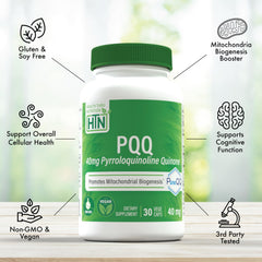 Health Thru Nutrition PQQ glass bottle with pills illustrating daily supplementation