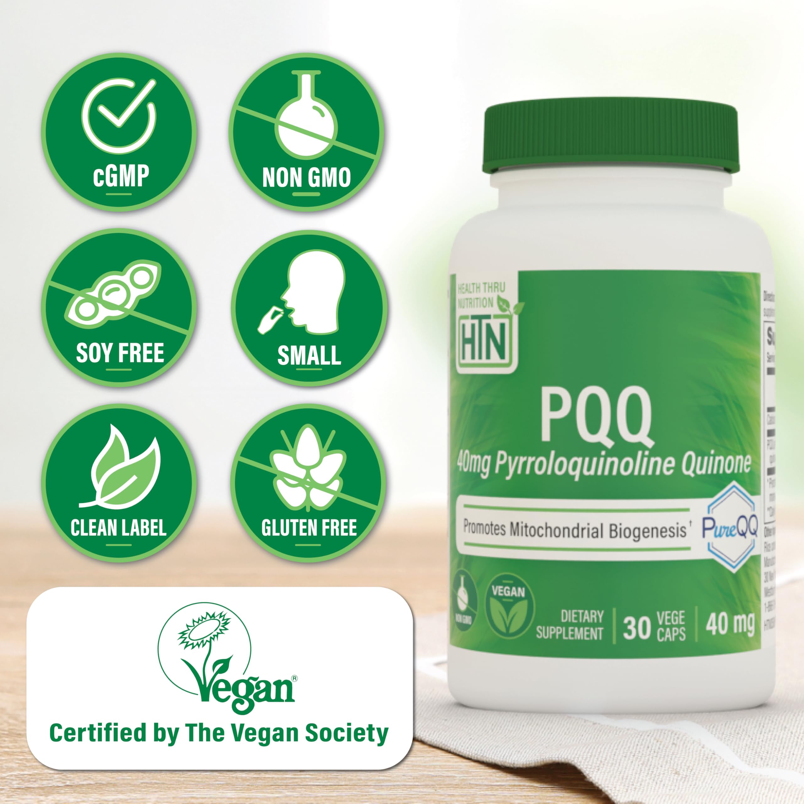 Health Thru Nutrition PQQ label graphic highlights 40mg potency and PureQQ branding