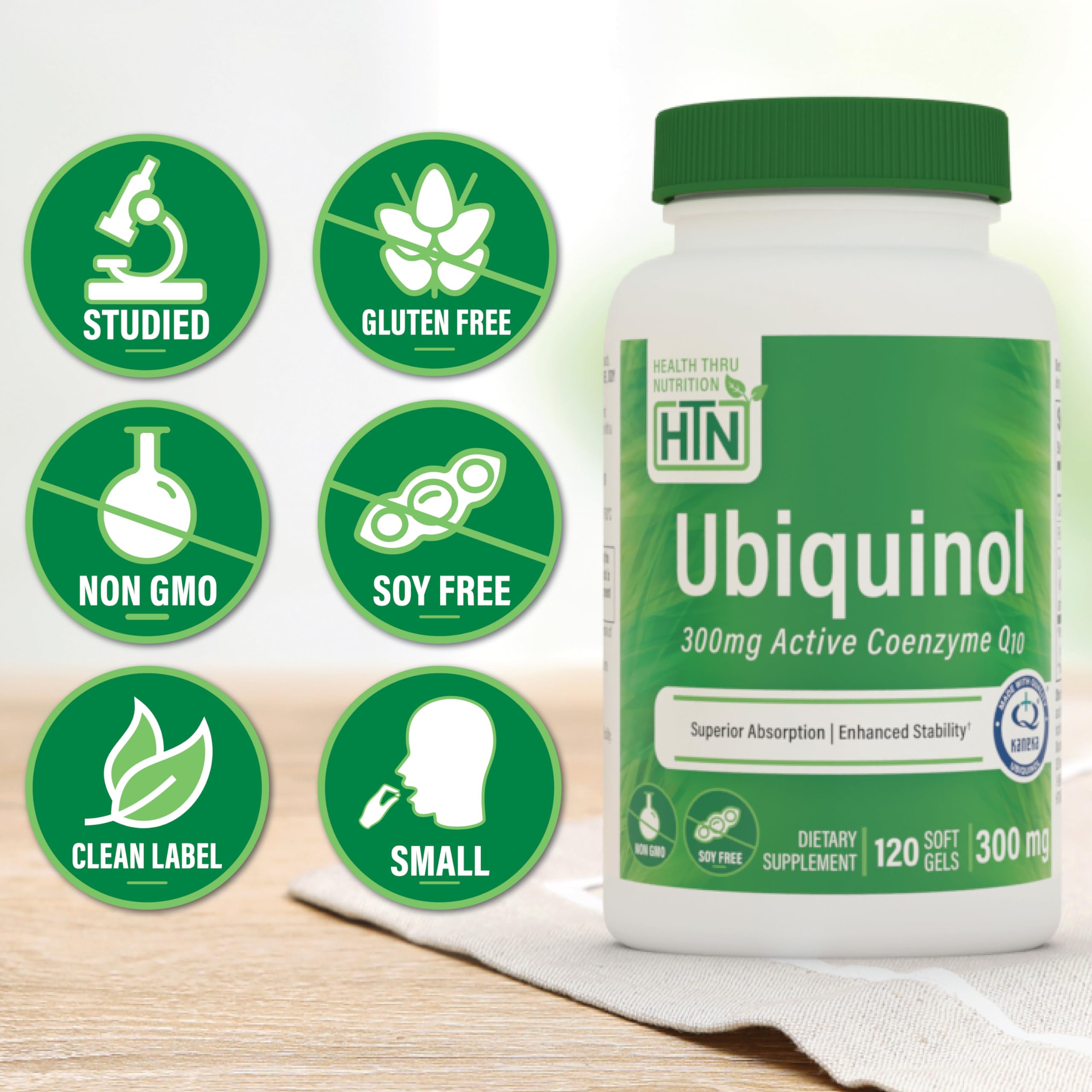 Health Thru Nutrition stabilized ubiquinol softgels close-up for reliable absorption.