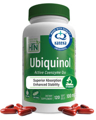 Health Thru Nutrition ubiquinol 100mg softgel bottle promoting enhanced bioavailability.