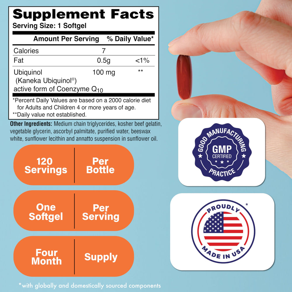 Health Thru Nutrition ubiquinol 100mg softgel label highlights Kaneka QH quality and sourcing.