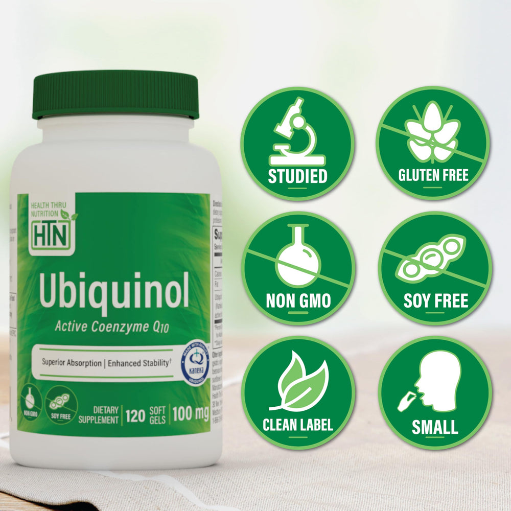 Health Thru Nutrition ubiquinol 100mg softgel bottle being poured for daily use.